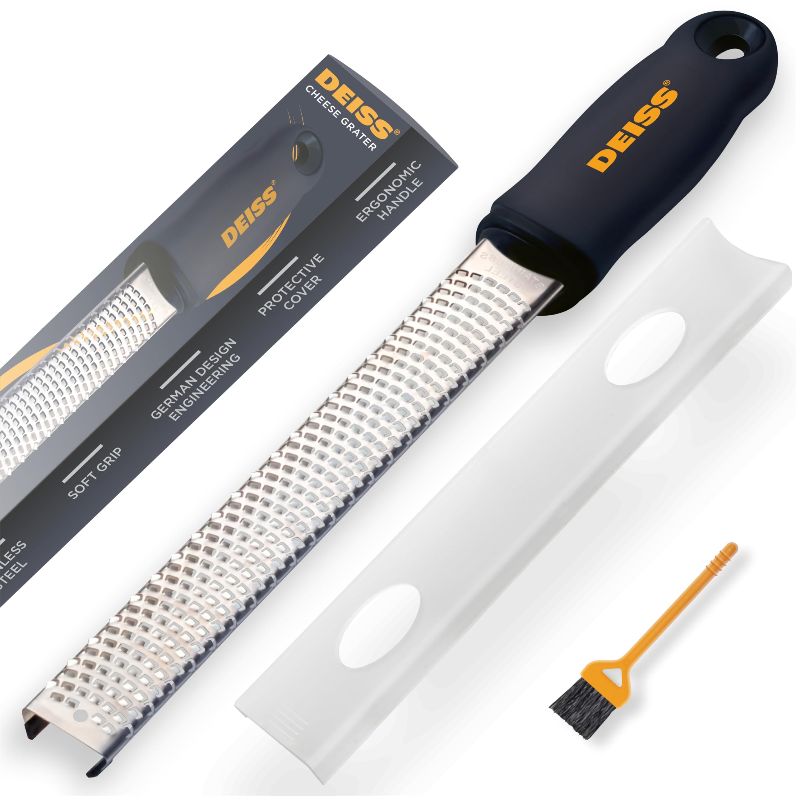 Deiss PRO Citrus Zester & Cheese Grater — Parmesan Cheese Lemon, Ginger, Garlic, Nutmeg, Chocolate, Vegetables, Fruits - Razor-Sharp Stainless Steel Blade, Wide, Dishwasher Safe - Black