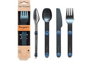 FULL WINDSOR - MAGWARE Magnetic Camping Cutlery Set - Travel Utensils for Camping, Cooking, and Outdoor Dining - Knife, Fork & Spoon - Portable Silverware with Pouch - Blue (3 PCS)