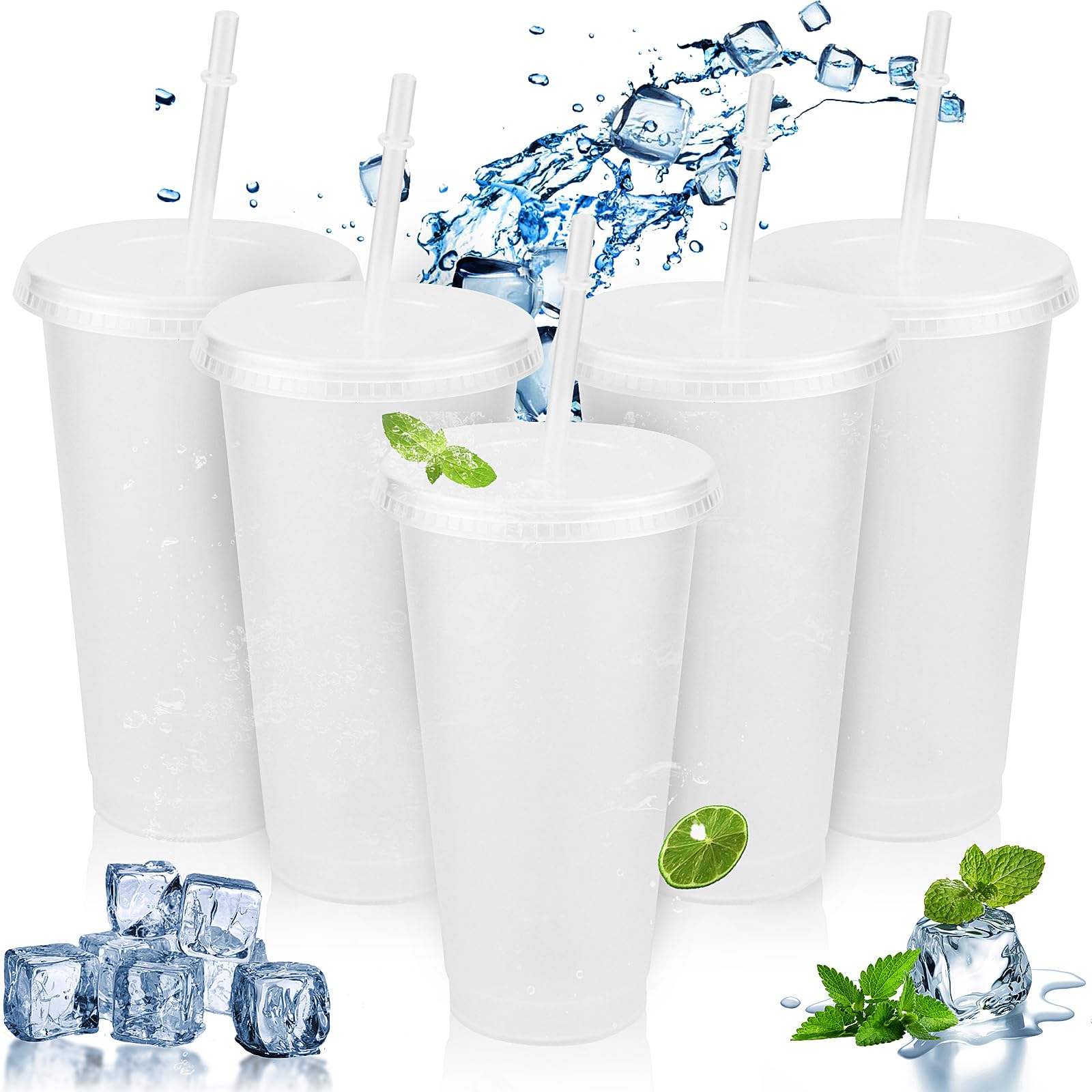 RAINPOP Iced Water Cups with Lids & Straws - 5Pcs 24oz Cold Drinking Tumblers Plastic Tumbler Set Reusable Plastic Cup, Slushie Cup Coffee Smoothie Slushy Drinking Cup Party Cups