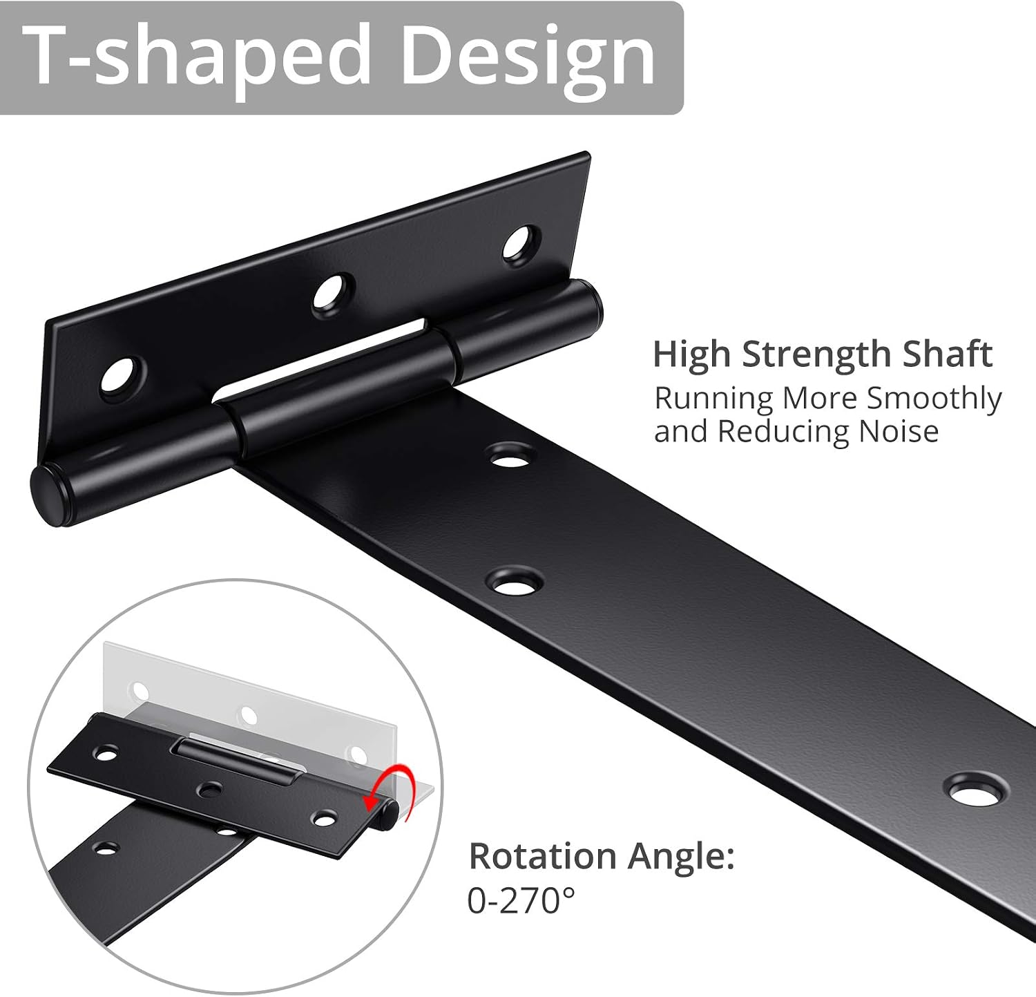 Justech 6PCs 10" Heavy-Duty T-Hinge Tee Shed Hinge Set T-Strap Hinges Black Forged Metal Iron Gate Door Barn Hardware with Screws - Image 4