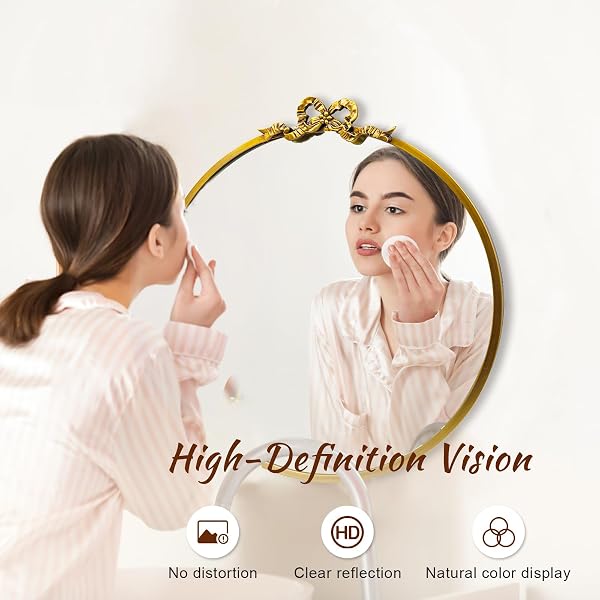 TOPCITY VINTAGE ROUND GOLD BOW MIRROR: 20″ ANTIQUE BATHROOM VANITY MIRRORS WITH METAL FRAME – BAROQUE ORNATE FOR ENTRYWAY/BEDROOM/HALLWAY/FIREPLACE- HOME WALL DECOR FOR LIVING ROOM