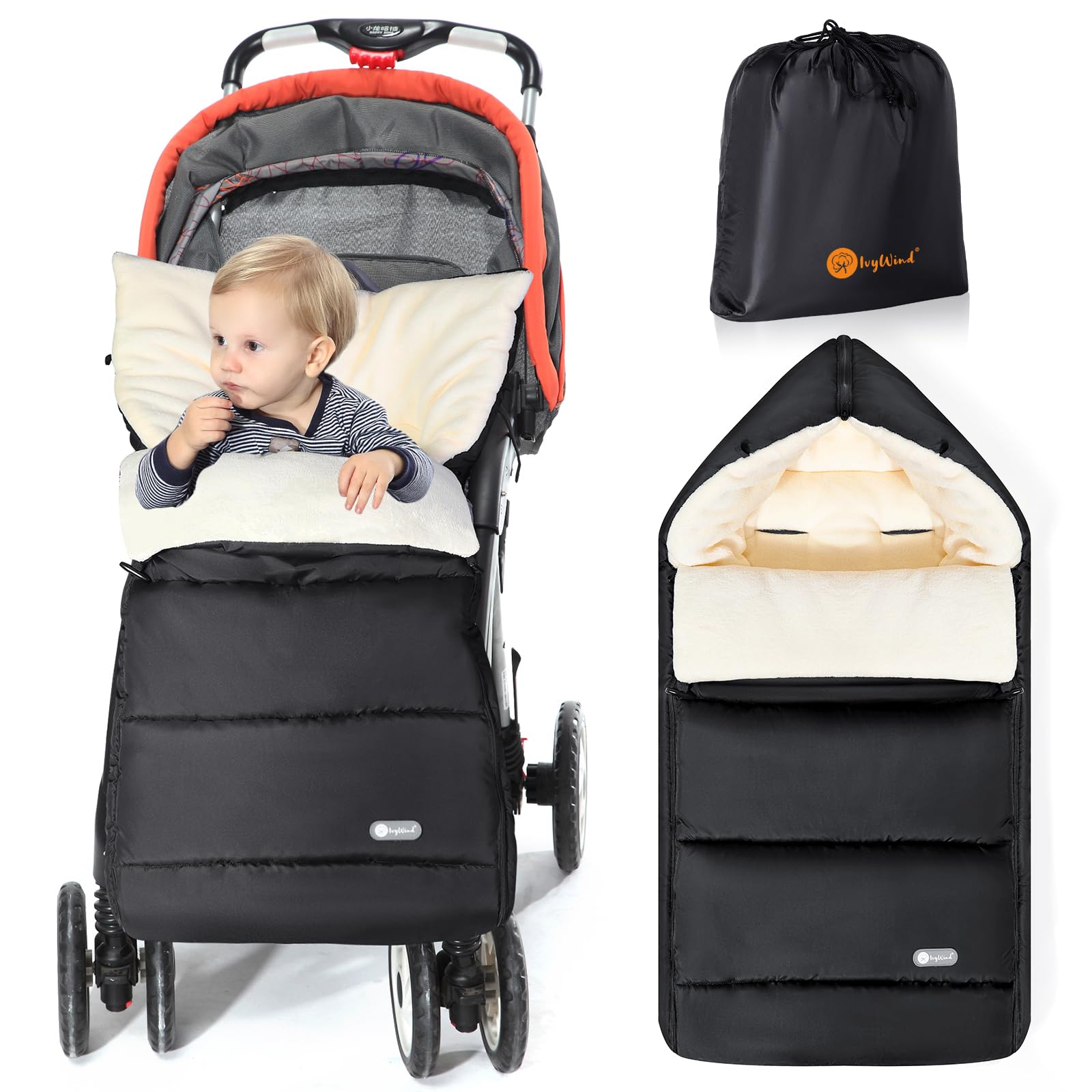Ivywind Footmuff for Pushchair Universal Footmuff for Stroller, Waterproof Pram Footmuff for Baby with Adjustable Zip, Easy Access, Washable and Detachable, Warm Cationic Fabric, Black n White