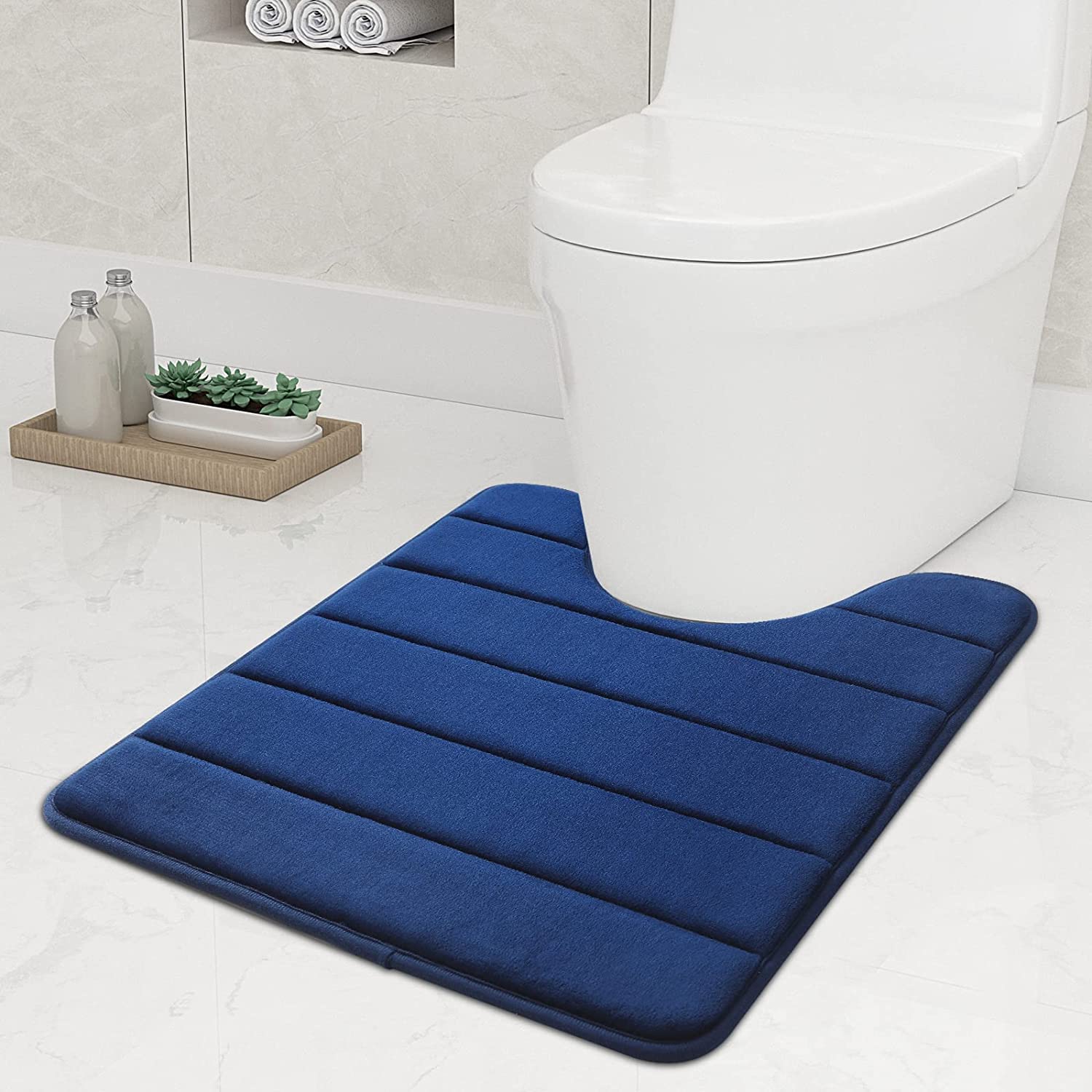 smiry Non-Slip Toilet Mat, Extra Soft U-Shape Pedestal Mat for Toilet, Ultra Absorbent Memory Foam Bathroom Toilet Mat for Floor, Machine-Washable Dry Pedestal Mat Only, 50 x 60 cm, Navy Blue