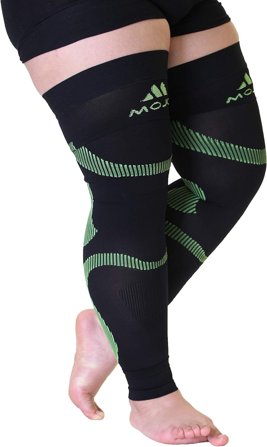 5XL Mojo Compression Stockings for Circulation 20-30mmHg- Bariatric Thigh-Hi With Grip Top - Extra Wide Ankle, Calf, Thigh Plus Size Black/Green 5X-Large A609BG8: Health & Personal Care