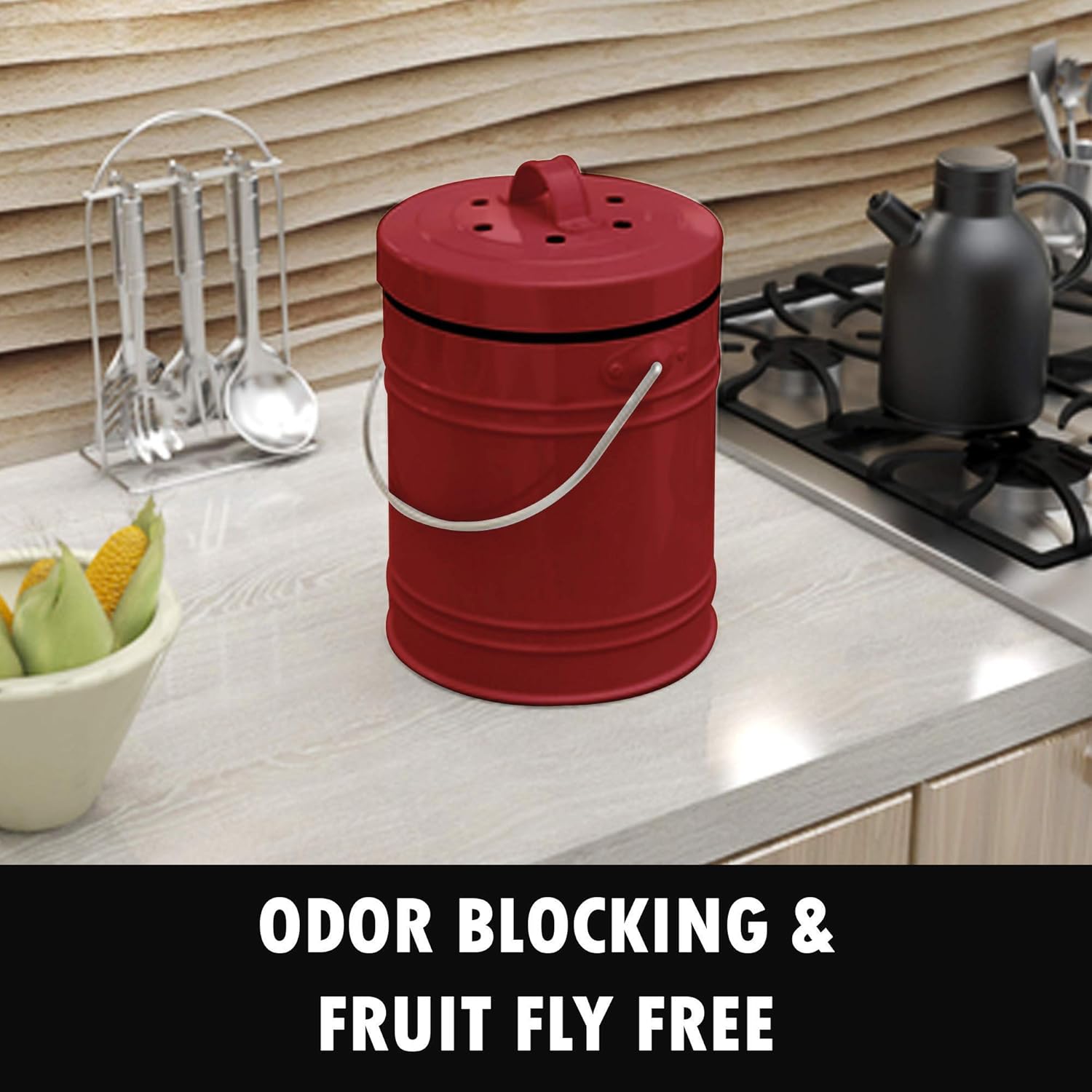 Oversized 1.3 Gallon Kitchen Compost Bin with EZNo Lock Lid, Plastic