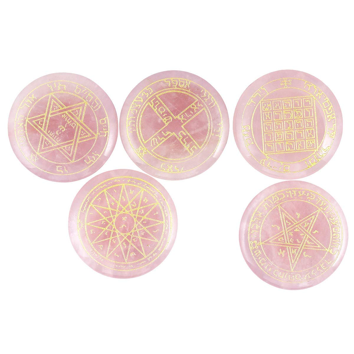 mookaitedecor Rose Quartz Crystal Witches Runes Set of 5, Healing Crystal Solomon Symbol Engraved Reiki Palm Stone Pagan Witch Room Decor Witchcraft Decor Wiccan Gifts for Meditation Amulet Talisman