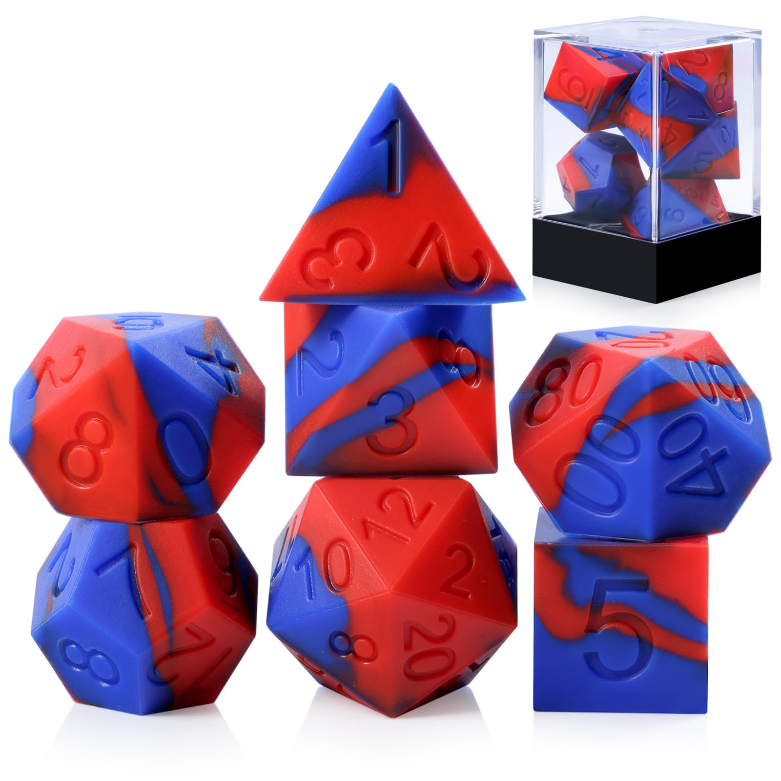 Silicone DND Dice, DNDND 7PCS Silicone Rubber D&D Dice Set with Clear Plastic Display Case for DND Role Playing Games and Tabletop Games（Red Blue — image 1