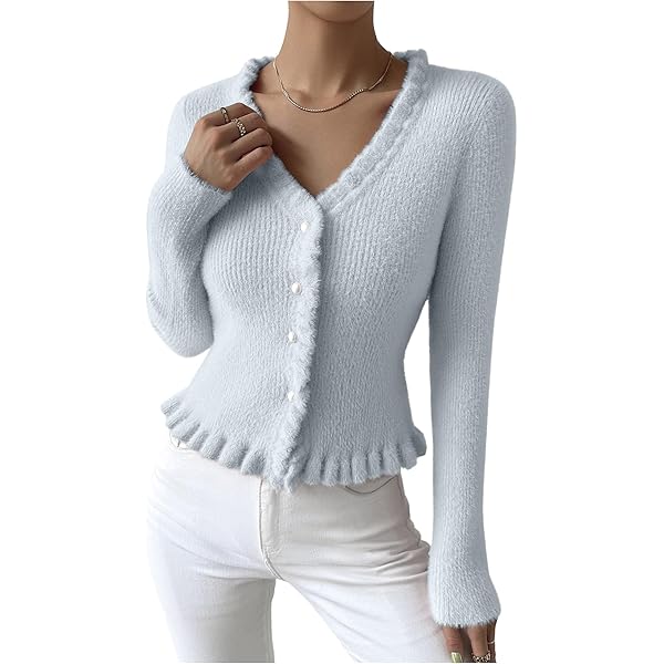 Amazon.com: Women's Knit Sweaters Cardigan Frill Trim Button Front