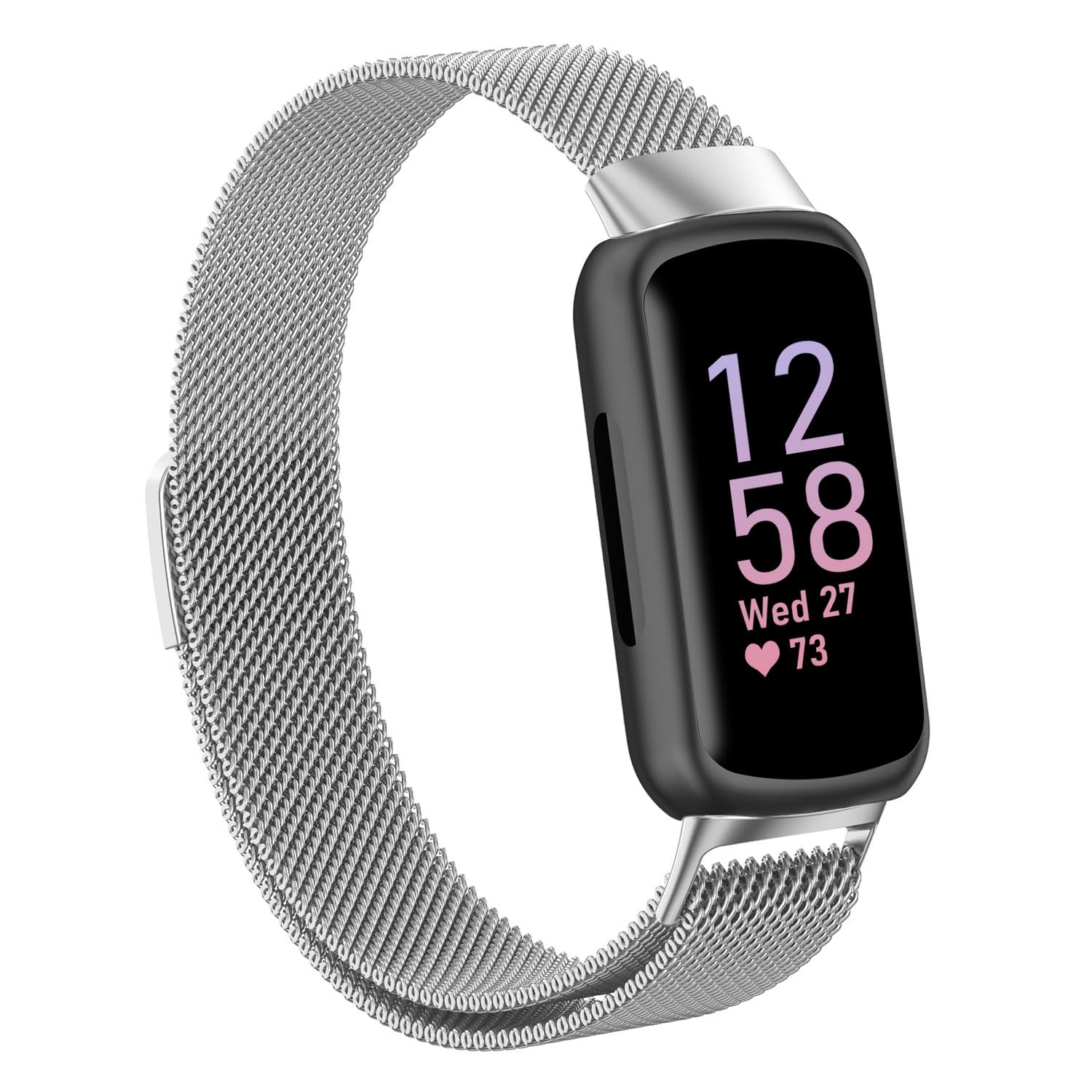KINBOM Replacement Strap for Fitbit Inspire 3, Adjustable Milanese Mesh Watch Band with Magnetic Loop, Silver, 18mm, 5.3-8.5 inch (135-215mm) Wrist Size