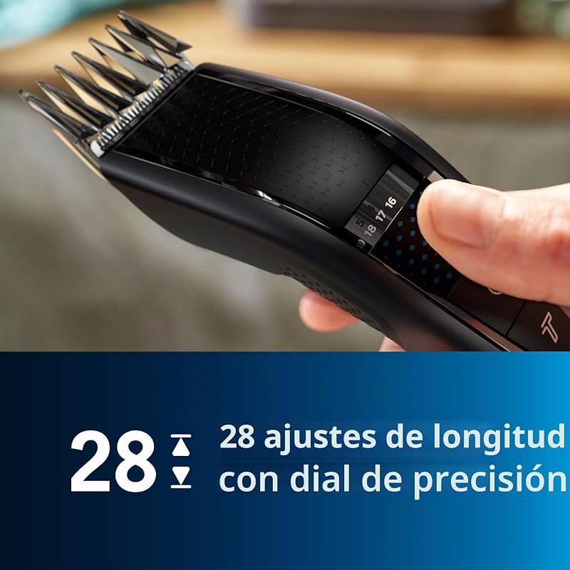 Cortapelos con cuchillas de titanio, 3 Peines guía, 28 Ajustes de longitud, 90 min de uso sin cable, Incluye funda de viaje, Color Negro