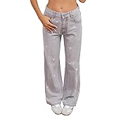 Wanduyini Womens Rhinestone Straight Wide Leg Jeans Vintage Wash Sparkling Baggy Denim Pants for Party Music Festival