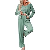 Ekouaer Womens Waffle Knit Pajamas Long Sleeve Lounge Set Button Down Pjs Loungewear with Pockets,Green,Small