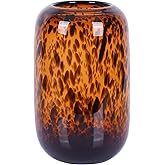 Amber Brown Glass Vase – Round Art Glass Vase with Tortoise Shell Pattern, Hand Blown Wide Mouth Decorative Centerpiece for L