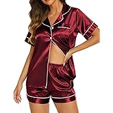 Ekouaer Silk Pajamas for Women Short Sleeve Sleepwear Soft Button Down Loungewear 2 Piece Satin Pjs Shorts Set