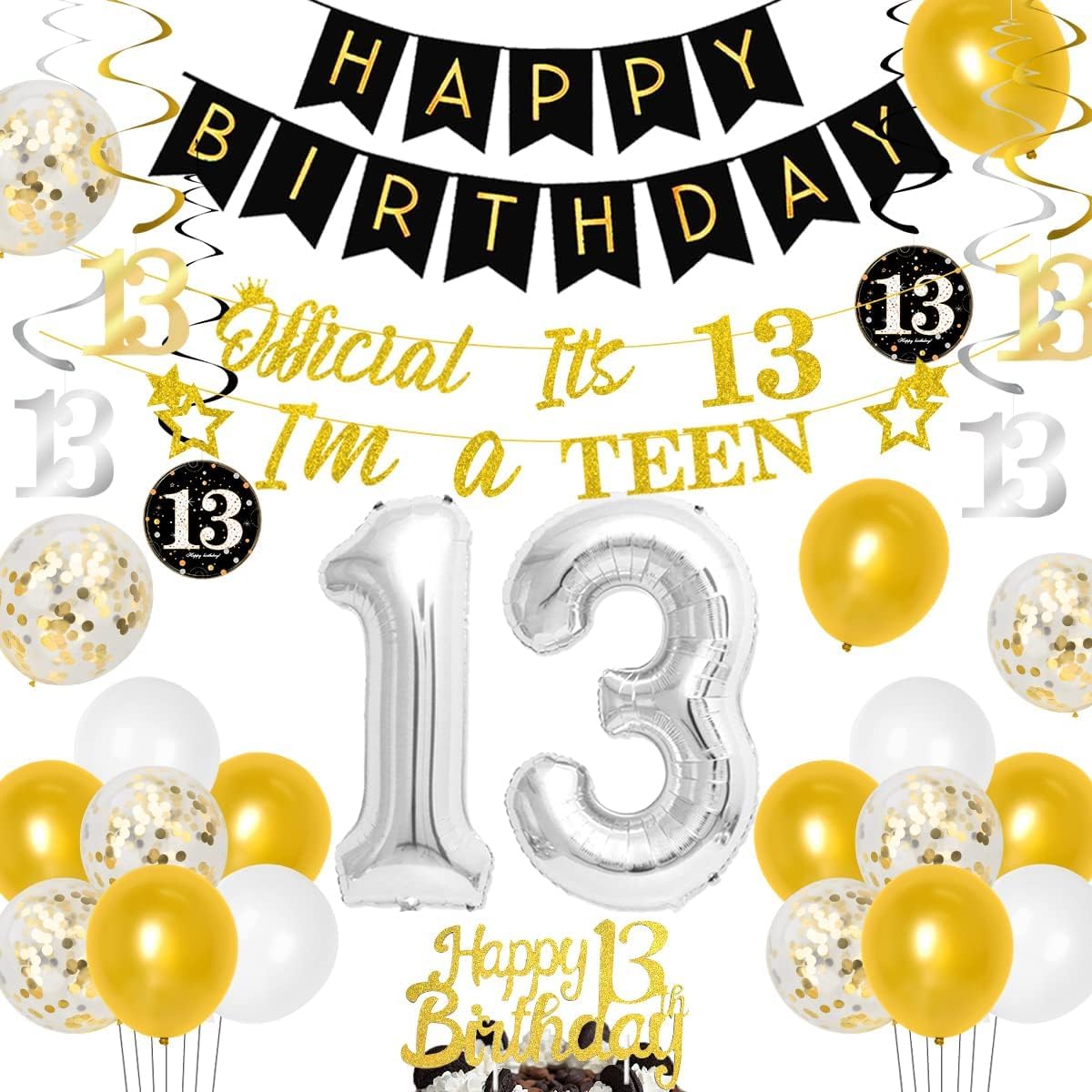 Kreatwow 13th Birthday Decorations for Boys Girls Black Gold Official Teenager Birthday Decorations 13th Birthday Balloon Teenager Banner Hanging Swirl 13 Foil Balloons