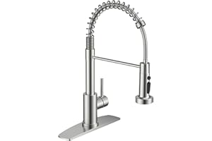 FORIOUS Kitchen Sink Faucet with Sprayer, Brushed Nickel Stainless Steel Bar Faucet Single Handle, Commercial Pull Out Faucet for Kitchen Sink, Marine Boat Deck, Laundry Bar RV Camper