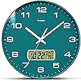 TIMESS Wall Clock, 12" Dial Non-Ticking Silent Battery Operated Analog with LCD Display for Perpetual Calendar and F° Temperature, Ideal Modern Home, Bedroom, Kitchen, Office Decor (Green)