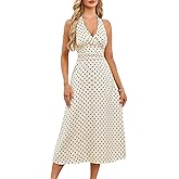VAFADRESS Womens Polka Dot Satin Halter Neck Dress V Neck A Line Flattering Figure Date Night Out Dress
