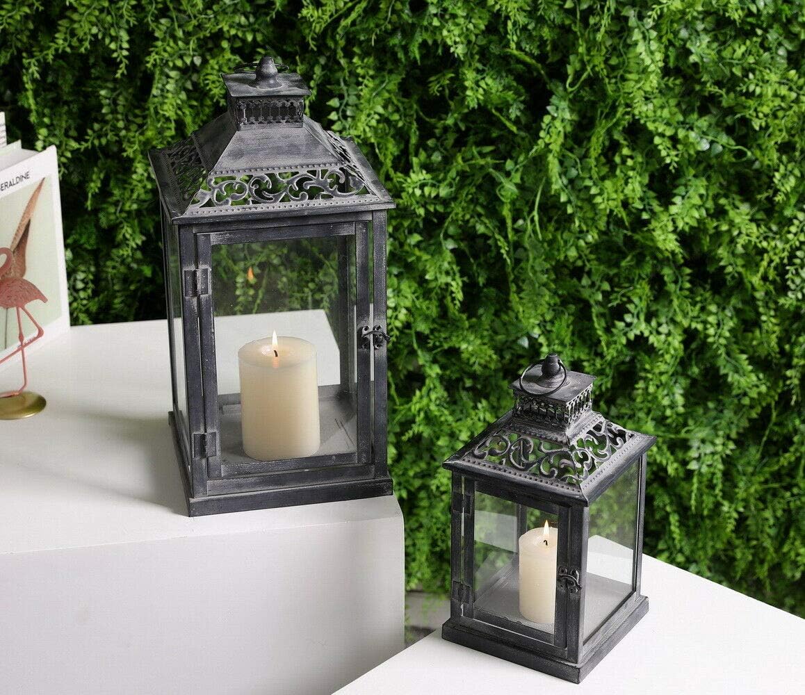 JHY DESIGN Set of 2 Antique Grey Brush Decorative Lanterns, Metal Candle Lanterns for Indoor Outdoor, Events, Paritie and Weddings Vintage Style Hanging Lantern: Furniture & Decor