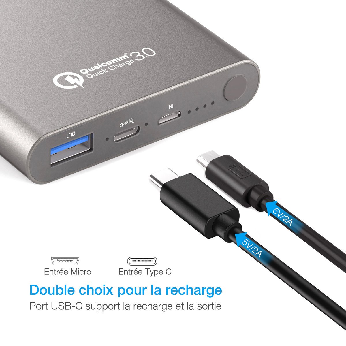 [Quick Charge 3.0] Poweradd 10 000 mAh USB Type-C Grande Capacité Chargeur Batterie Portable de Secours Externe avec sortie 4.8A pour iPhone, iPad, iPod, Samsung, et des autres téléphones(Adaptateur USB-C inclus)-Gris foncé