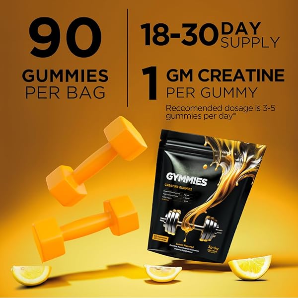 GYMMIES CREATINE MONOHYDRATE GUMMIES – MUSCLE GROWTH, PERFORMANCE, ENDURANCE – 5 GRAM CREATINE PER SERVING – VEGAN, NON-GMO, GLUTEN-FREE, MADE IN USA – 90CT – LEMON FLAVOR