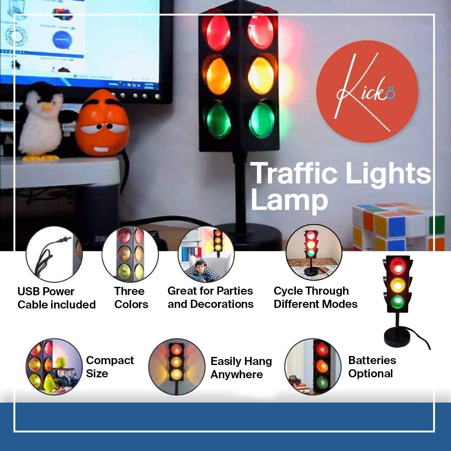 Kicko 11-Inch Traffic Lights Lamp with Base - 4-Mode Color Changing Stop Light Lamp for Kids’ Bedroom, Party Decoration or Playroom - Battery or USB Powered Mini Lighting - Ideal Traffic Light Decor