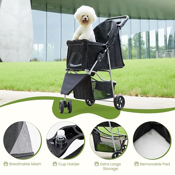 SMUG 3 WHEELS PET STROLLER, DOG AND CAT STROLLERS, STORAGE BASKET AND CUP HOLDER, BREATHABLE MESH, LIGHTWEIGHT TRAVEL CARRIER, WATERPROOF AND FOLDABLE FOR SMALL PETS OUTDOOR WALK, BLACK