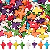 SUNNYCLUE 1 Box 100Pcs Turquoise Cross Charms Color Crosses Charms Bulk Colorful Random Dyed Synthetic Alloy Ring Stones Easter Crucifix Pendants for Jewelry Making Necklace DIY Craft Bracelet Earring