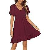 Zattcas Womens 2026 Summer Smocked Dress Short Flutter Sleeve V Neck Swiss Dot Babydoll Ruffle Tiered Mini Dress