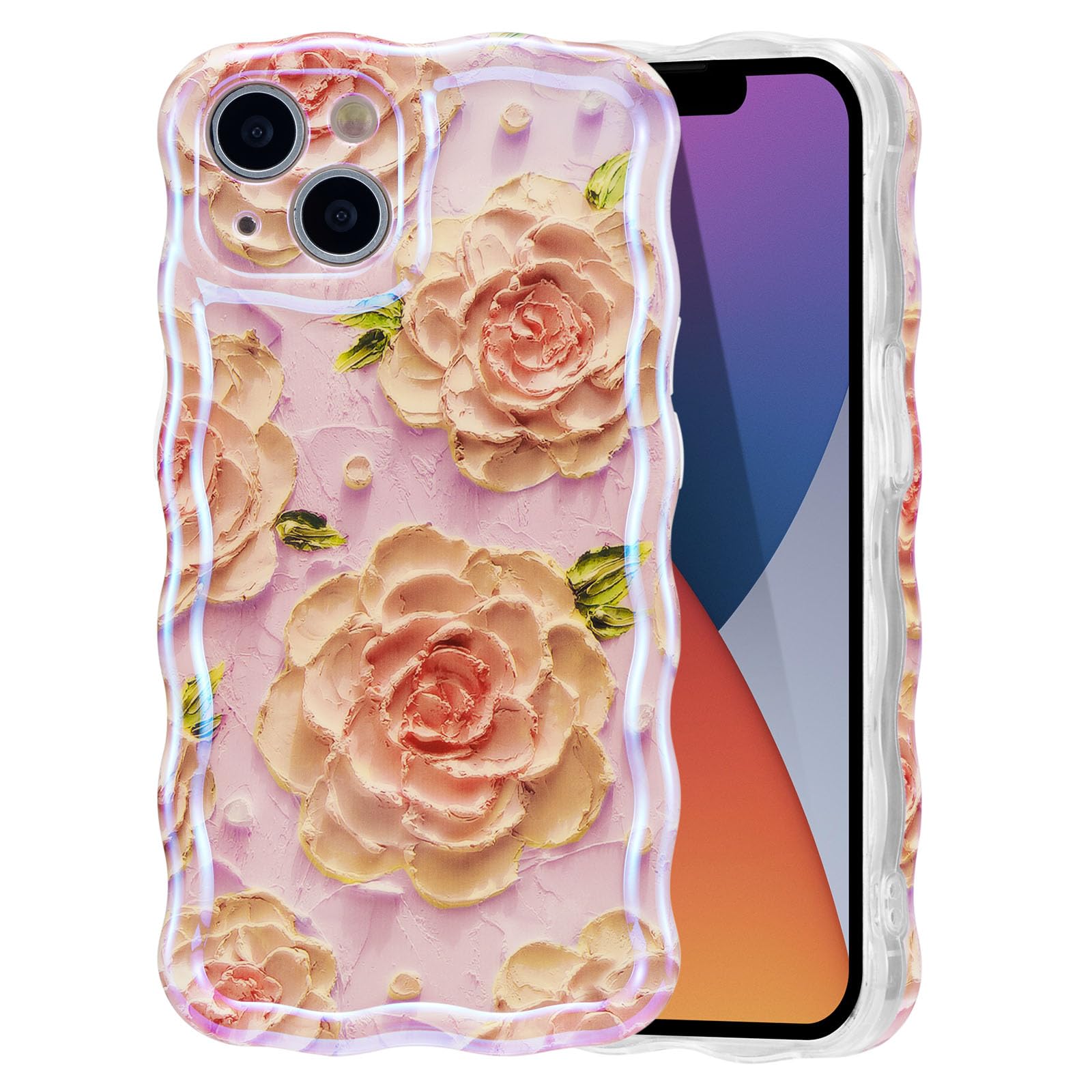 EYZUTAK Case for iPhone 14 Plus/iPhone 15 Plus, Colorful Retro Oil Painting Flower Laser Glossy Cute Curly Wave Edge Exquisite Phone Cover Stylish Durable TPU Protective Case for Girl Women-Pink Peony — image 1