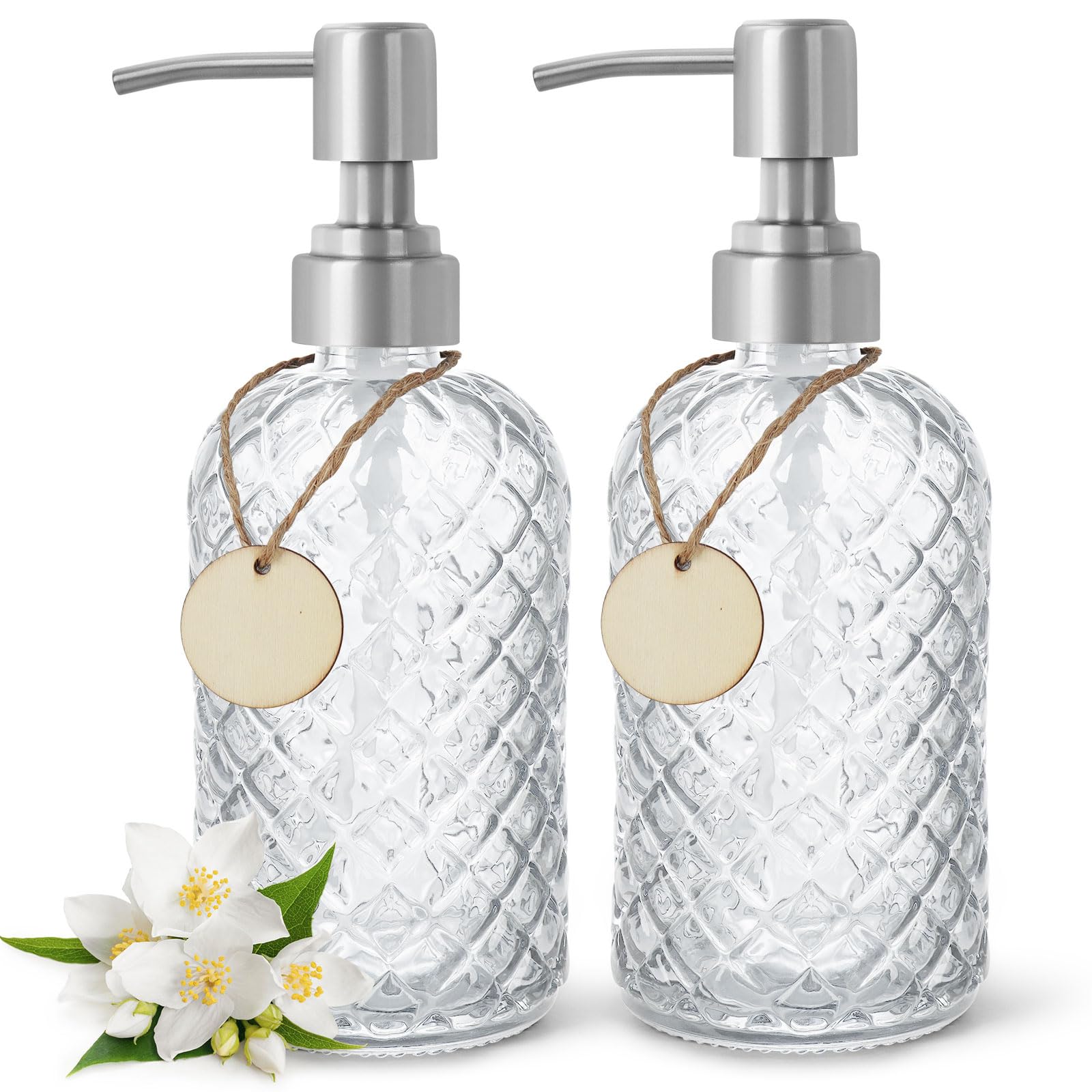 Photo 1 of 2 Pack Gem-Patterned Glass Soap Dispenser with Rust Proof Stainless Steel Pump-13 oz Liquid Hand Soap Dispenser for Kitchen & Bathroom,Great for Lotions, Essential Oil, Liquid Soaps-Clear