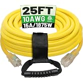 POWGRN 25 Ft 10AWG Outdoor Extension Cord, Yellow | Waterproof Heavy Duty, 10 Gauge 3 Prong, Flexible Cold-Resistant, Indoor &amp; Outside with Lighted Indicator End, ETL Listed