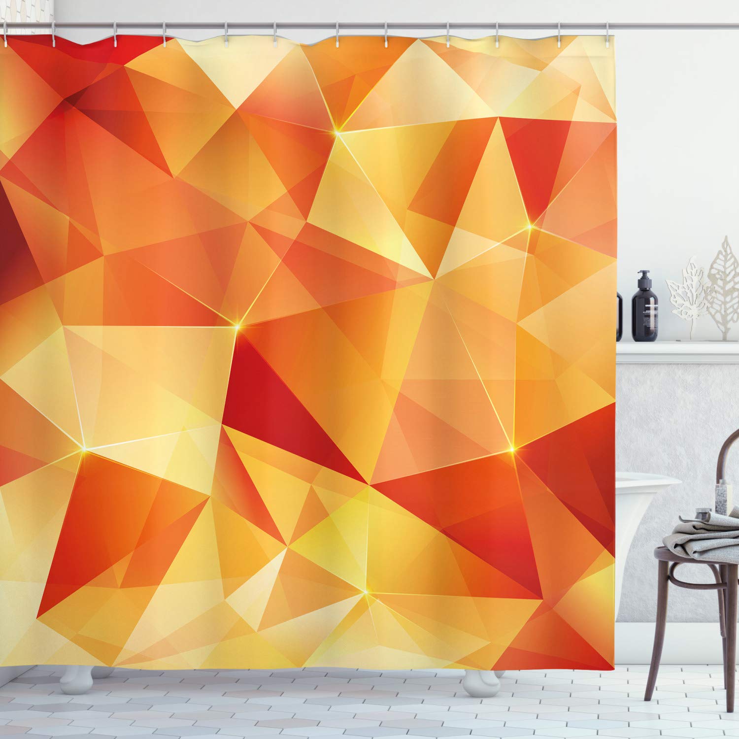 ABAKUHAUS Abstract Shower Curtain, Abstract Art Style Geometric Theme Vector Illustration of Triangles Print, Cloth Fabric Bathroom Decor Set with Hooks, 175 x 240 cm, Orange And Yellow