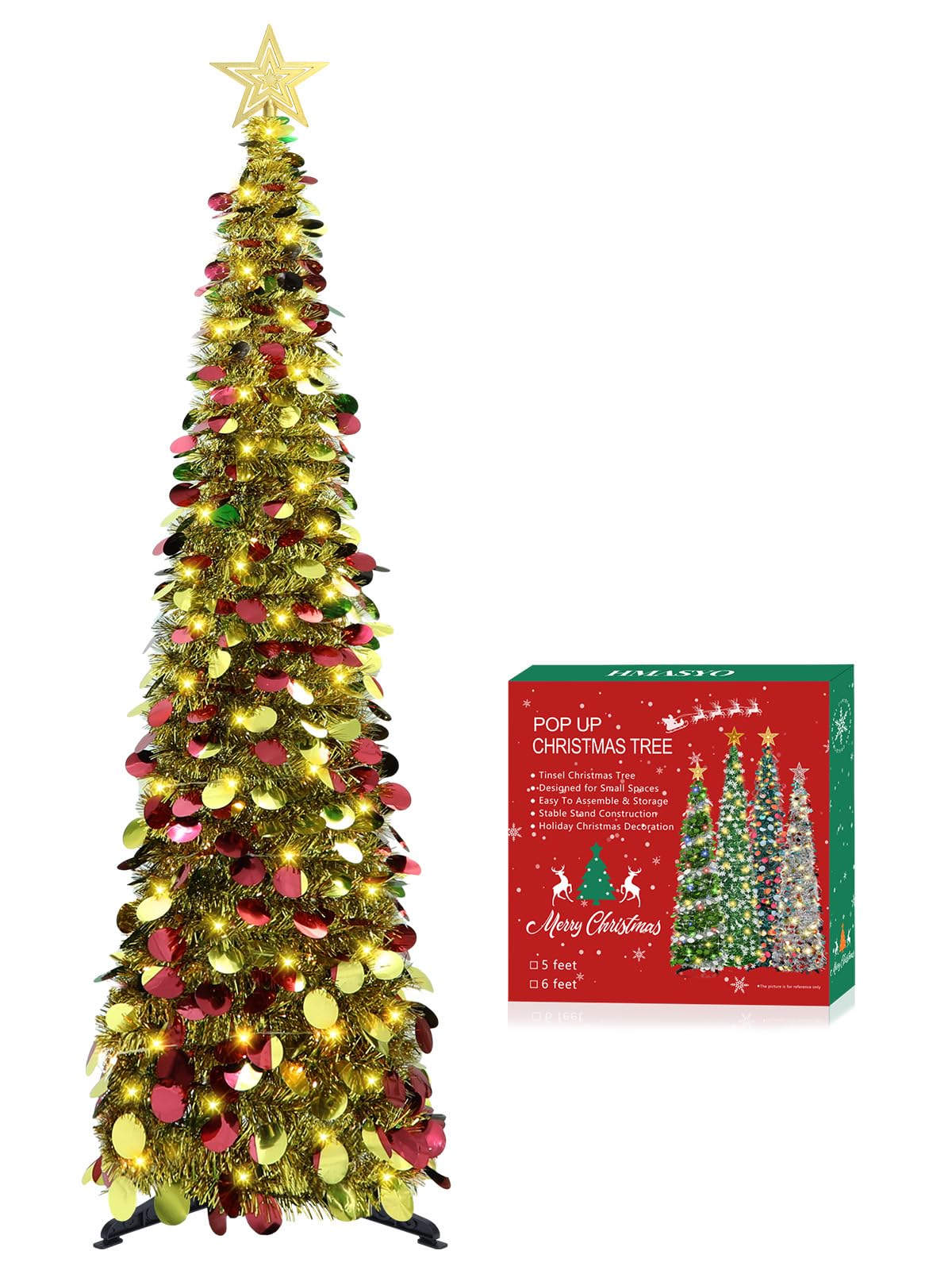HMASYO 5FT/1.5M Pop Up Christmas Tree with Timer Lights, Gold Tinsel Christmas Tree, Collapsible Artificial Pencil Tree Xmas Decoration for Indoor Home Apartment Porch Party, Easy Assembly