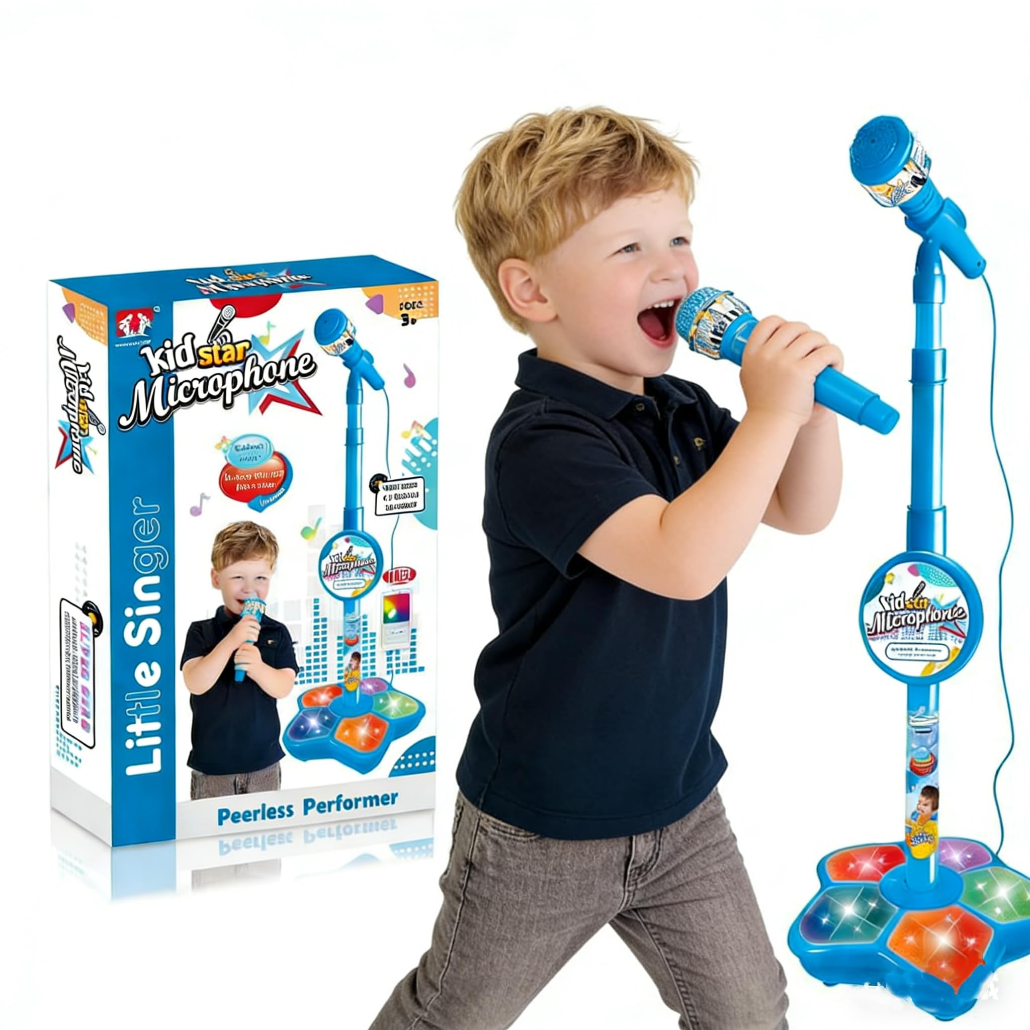 Kids Microphone with Stand,Portable Karaoke Machine for Kids, Adjustable Height with Flashing Stage Lights & Phone Jack, Singing Toy Gift for Girls Boys Birthday Party (Blue)