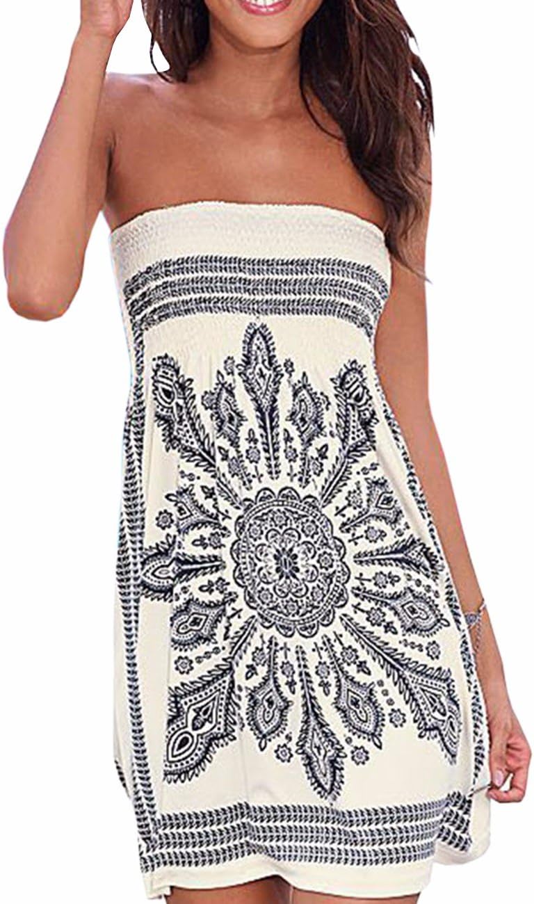 Emma Women's Summer Strapless Off Shoulder Floral Print Bohemian Skirt Casual Colorful Mini Beach Dresses