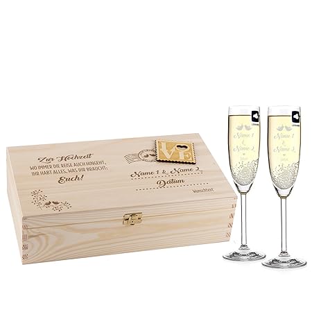 Leonardo 2 Sektgläser zur Hochzeit mit Gravur in Loveletter Holz-Geschenkbox