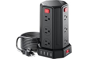 Power Strip Surge Protector, 6.5 Ft Extension Cord with 12 AC Multiple Outlets 4 USB (1 USB C), SMALLRT Power Tower Desktop Charging Station (Black, 6.5 Ft)