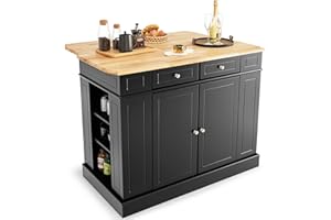 Giantex Kitchen Island with Drop Leaf, Rubber Wood Top, 2 Drawers, Storage Cabinets, Spice Racks, Adjustable Shelves, Stationary Kitchen Table for Home Coffee Bar, 47"x36"x36" (Black)