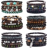 FIRAZIO 32 Pcs Wooden Beaded Bracelets for Men Adjustable Pulseras Para Hombres Set, Mens Bracelet Meaningful Gift