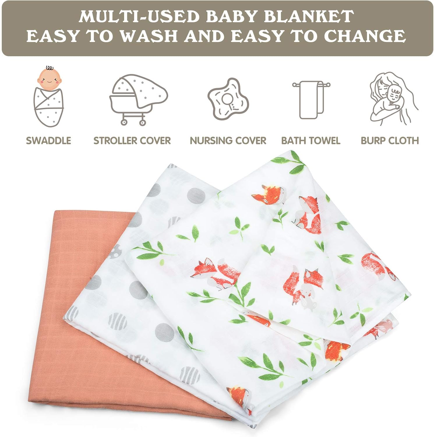 Muslin Swaddle Blankets, Unisex Baby Swaddle Blanket for Newborn Boy Girl, Nursery Swaddling Blankets, 3 Pack Neutral Bamboo Organic Cotton Receiving Swaddle, 47 x 47 Inches: Kitchen & Dining