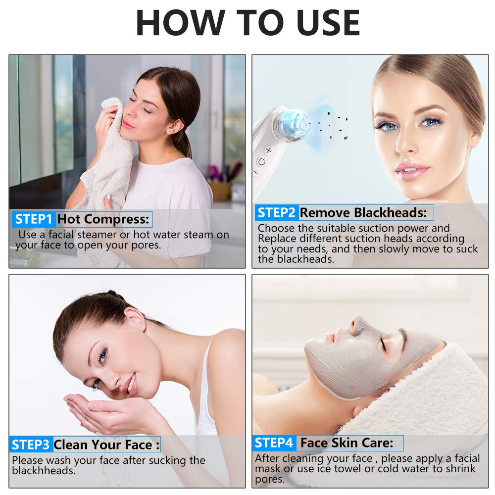Blackhead Remover Pore Vacuum, Enarit Electric Blackhead Remover Vacuum with Base, Facial Blackhead Extractor Tool, USB and 4 different Suction Head Shape, LED Display 6 Level(White): Beauty