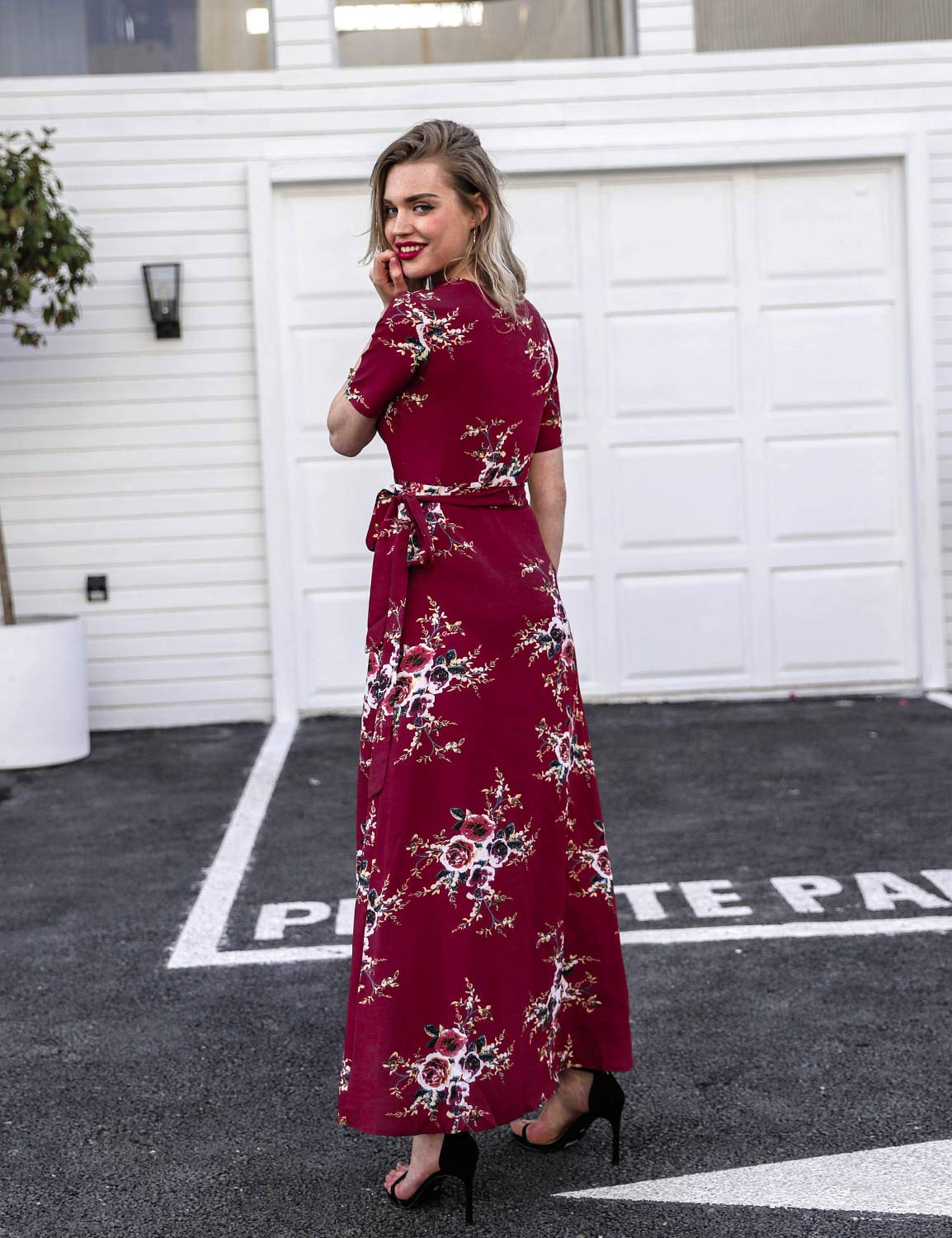 Blooming Jelly Ladies Wrap Dress V Neck Floral Summer Maxi Dresses for Women with Belted Red,M