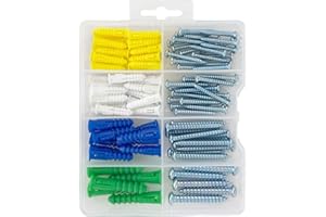 HANGDONE Wall Anchors Kit 100-Pieces, Plastic Anchor for Drywall/Concrete, 4 Sizes, Pan Head Phillips Screw Included