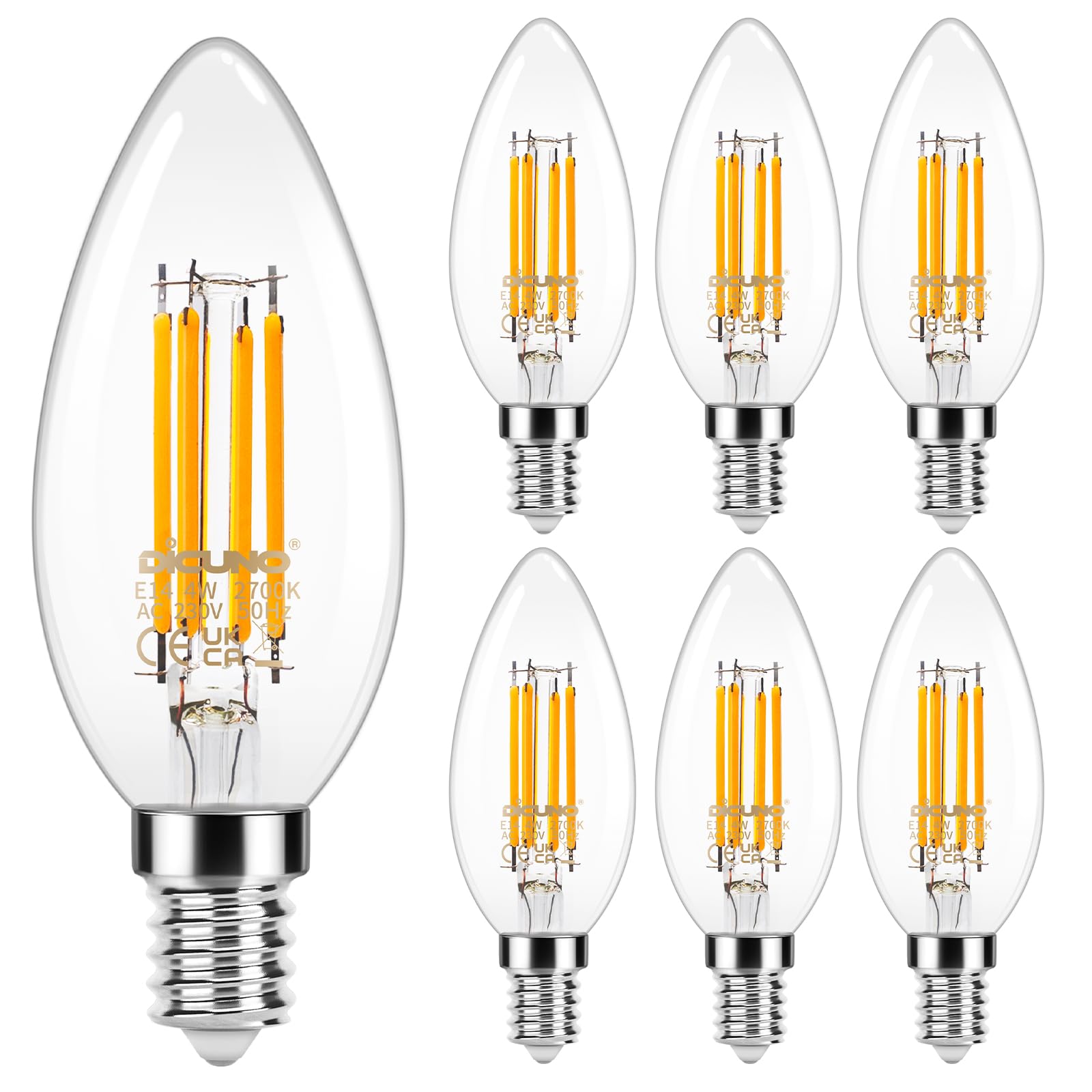 DiCUNO E14 Candle LED Bulbs, Small Screw E14 LED, 3.5W, 480LM, 40W Incandescent Equivalent, Warm White 2700K, SES C35 Clear Filament Bulbs for Chandeliers, 6Pcs