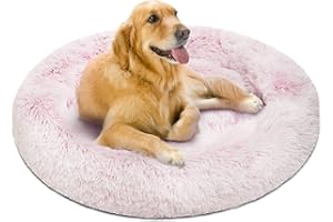 Friends Forever Donut Dog Bed Faux Fur Fluffy Calming Sofa For Large Dogs, Soft & Plush Anti Anxiety Pet Couch For Dogs, Machine Washable Coco Pet Bed with Non-Slip Bottom, 36"x36"x8" Pink