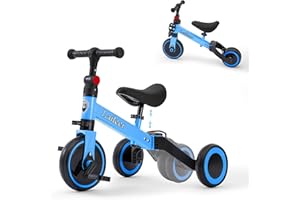 SPORTPULES 3-in-1 Toddler Trike Balance Bike Combo with Foldable Rear Wheels&Removable Pedals，Learn-to-Ride On Tricycle for 2-5 Years Old,Quick Assembly,Adjustable Height Kids Bicycle (Blue)