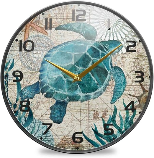 Amazon Com Zoeo Turtle Large Wall Clocks Vintage Battery Operated Non Ticking Retro Map Green Ocean 12 Inch Clock Silent Art Bedroom Kitchen Clock Atomic Analog Clocks Home Decor For Kids Home