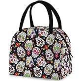 ZzWwR Chic Day of the Dead Sugar Skulls Pattern Reusable Lunch Tote Bag with Front Pocket Zipper Closure Insulated Cooler Container Bag for Man Women Work Picnic Travel Beach Fishing