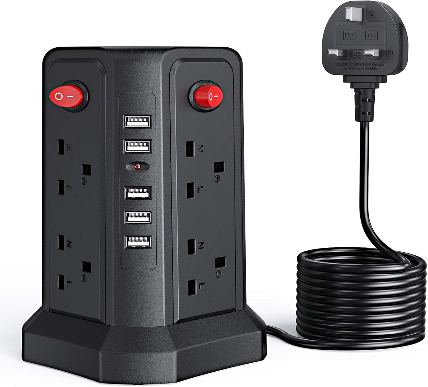 Extension Lead 5M, with 5A 5 USB (each up to 2.4 A) and 8 Outlets Tower